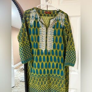 Khadi Green and Blue Long Sleeve Dress